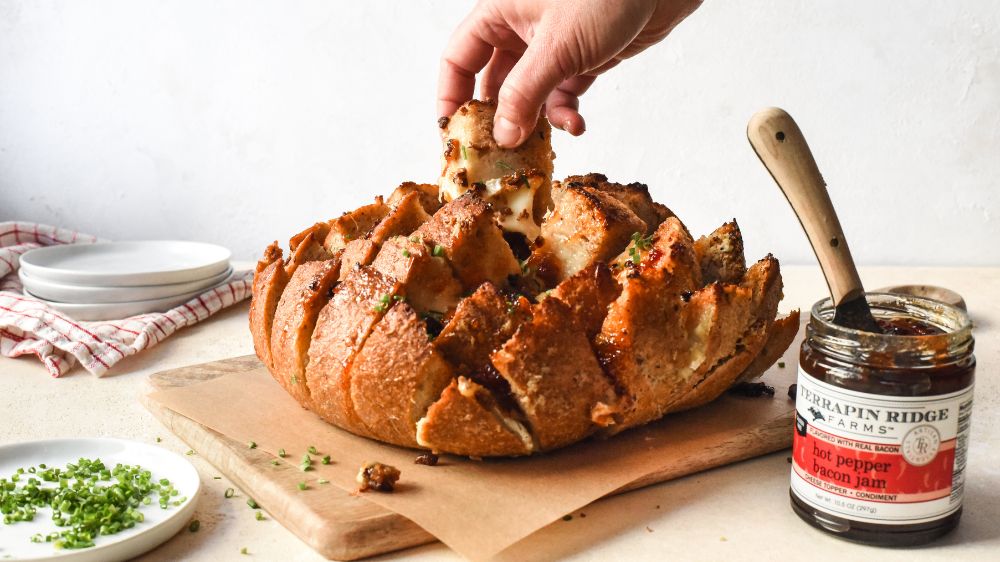 Brie & Hot Pepper Bacon Jam Pull-Apart Bread with Terrapin Ridge Farms Hot Pepper Bacon Jam Brie & Hot Pepper Bacon Jam Pull-Apart Bread with Terrapin Ridge Farms Hot Pepper Bacon Jam